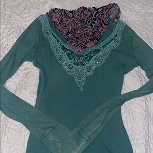 Teal Long Sleeve Top with Lace Detail and hooodie